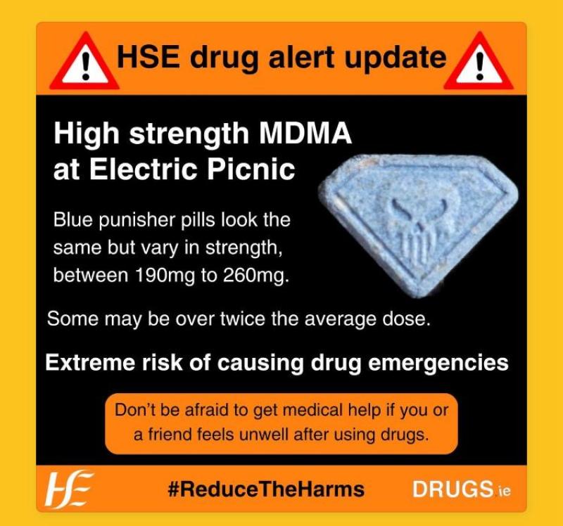 HSE issues fresh drug alert over high strength blue Punisher MDMA pills at Electric Picnic in Laois