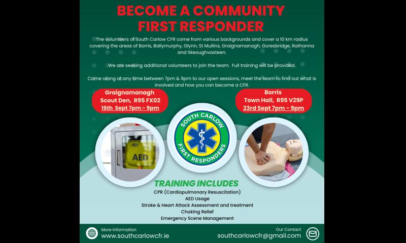 Carlow Community First Responders open evenings announced for potential new volunteers