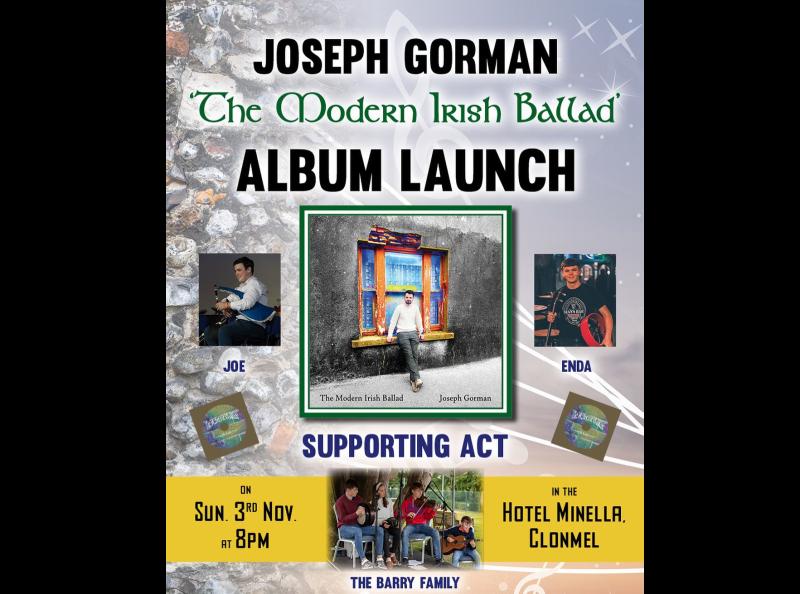 Up and coming folk singer/songwriter Joseph Gorman to launch his new album at Clonmel hotel