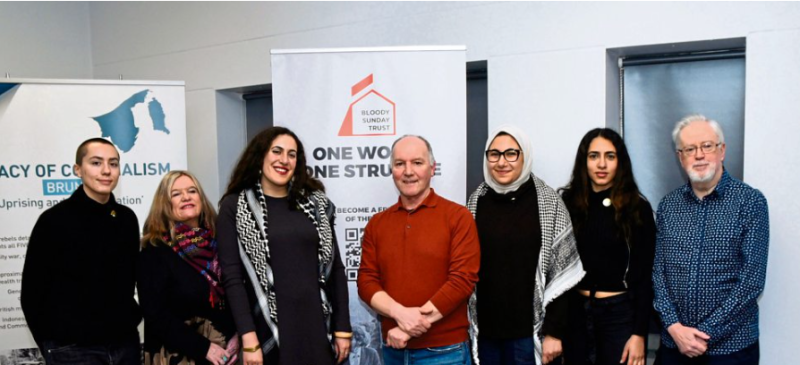 Bloody Sunday lecture: Inés Gergins, Maeve McLaughlin (BST), Nadya Tannous (Palestinian Youth Movement), Tony Doherty (chair), Yasmin Elsouda, Nihal Aasar & Paul McLaughlin (BST). 