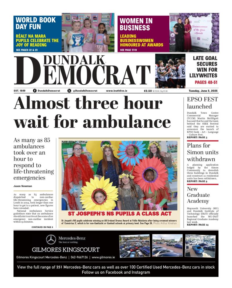 This week's Dundalk Democrat front page: Long wait for ambulances in Louth