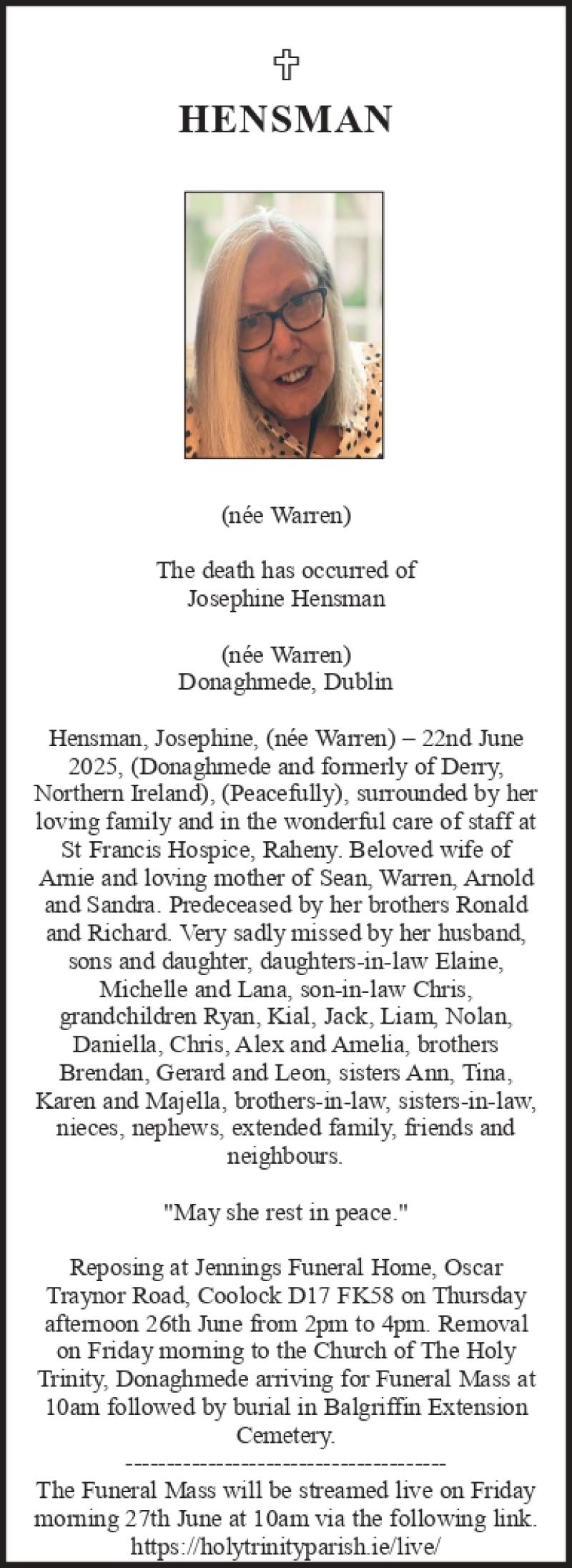 Derry Death Notice - Josephine Hensman (née Warren)