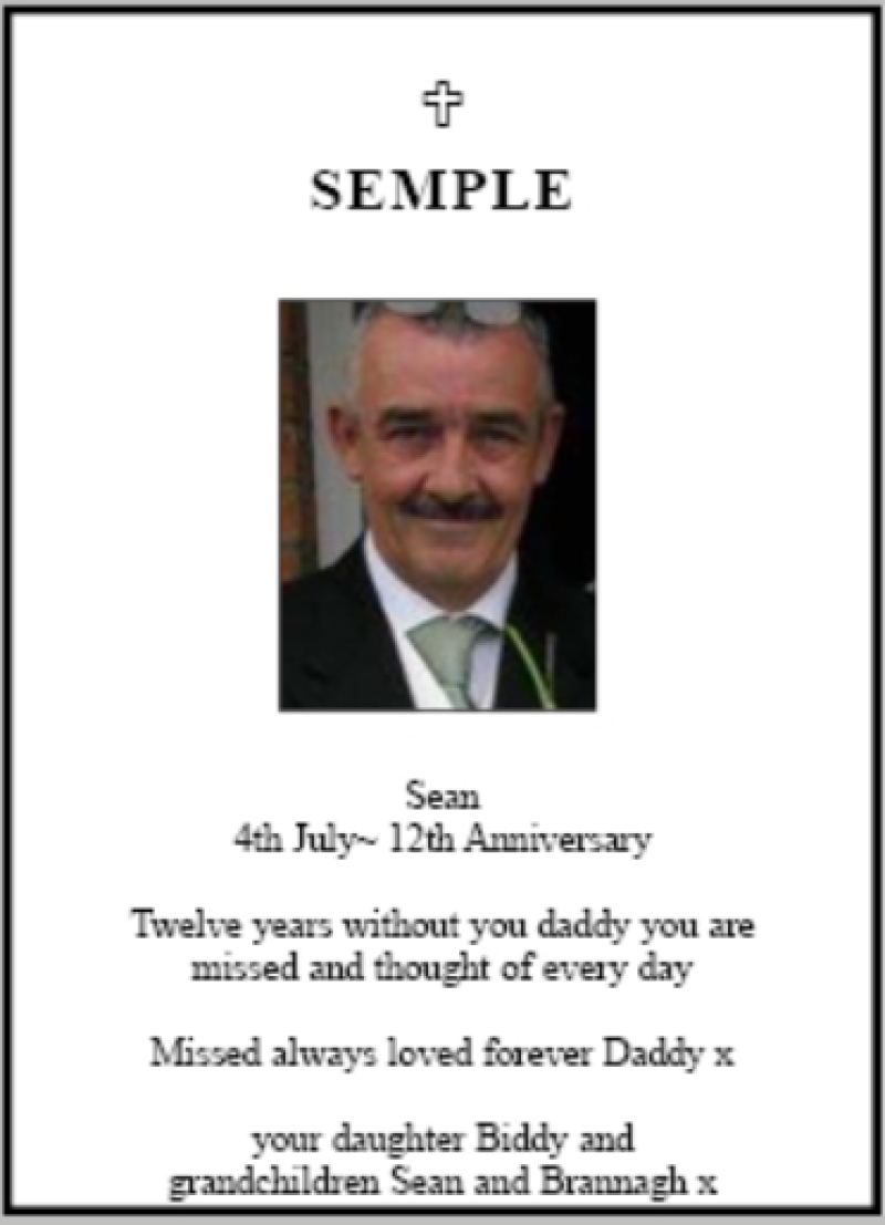 Derry Death Notice - Sean Semple - 12th Anniversary