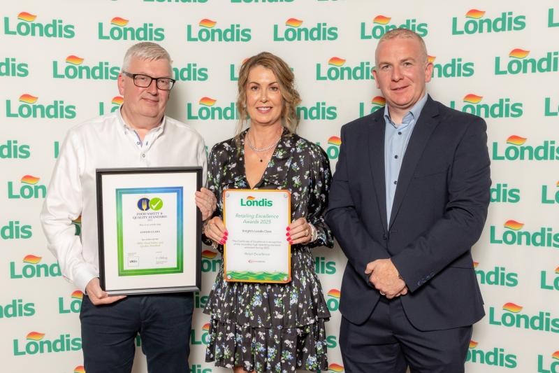 Pictured at the Londis Retailing Excellence Awards 2025 at the Seafield Hotel & Spa Resort, Gorey, Co. Wexford: Aidan Flynn, Elaine Flynn, Flynn's Londis Clara, alongside Declan Boyle, Londis RDM.