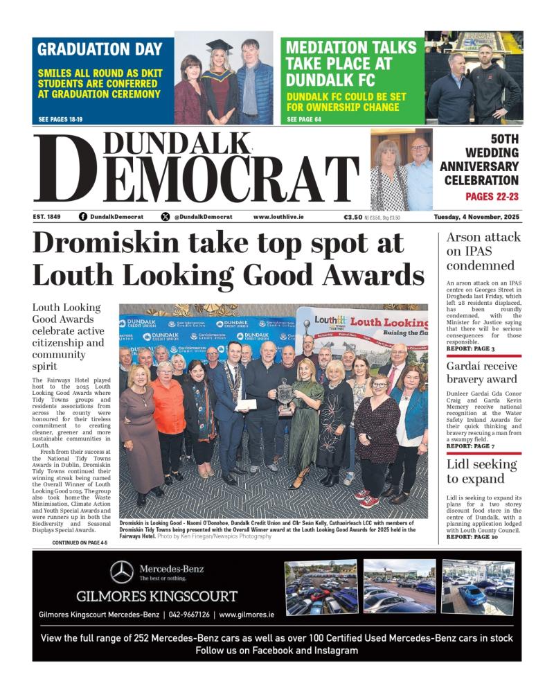 This week's Dundalk Democrat front page:  Dromiskin take top spot at Louth Looking Good Awards 