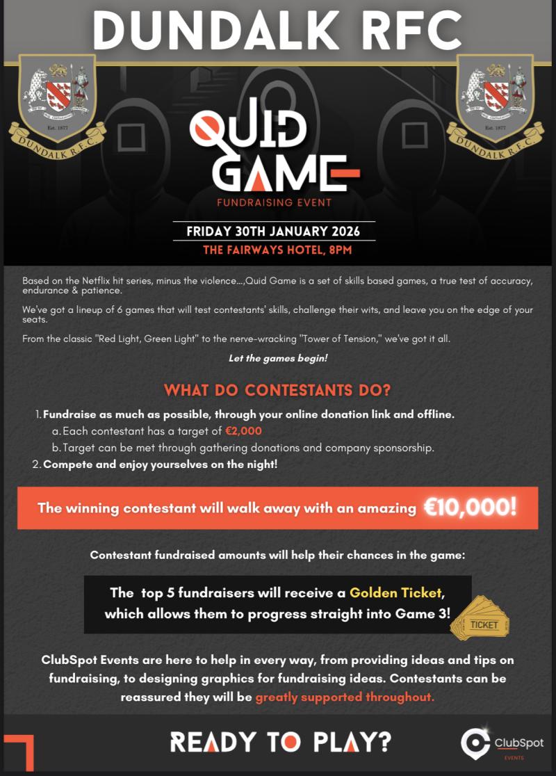 Dundalk Rugby Club set to have  the Quid Game fundraiser to redevelop their pitch