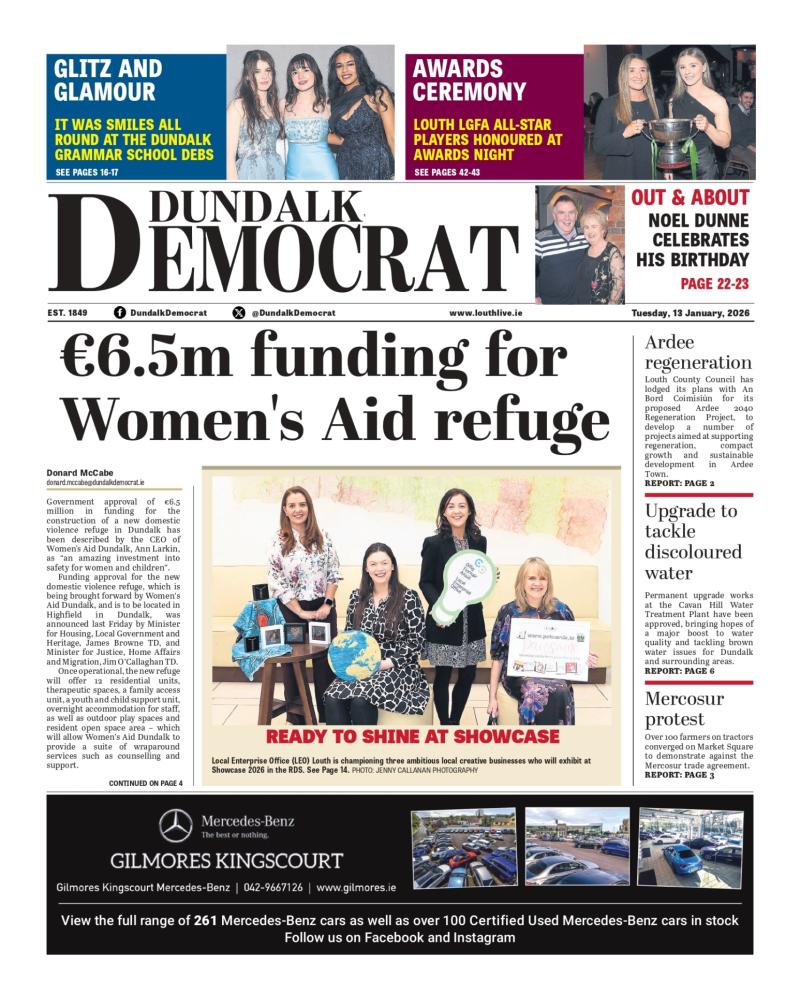 This week's Dundalk Democrat front page:  &euro;6.5m funding for Women's Aid refuge 