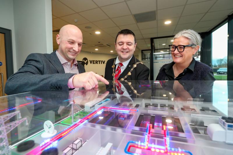 Simon Killen, Senior Director, Vertiv, pictured with Mayor of Derry and Strabane, Councillor Ruairi McHugh, and Ros Young, Investment Manager DCSDC