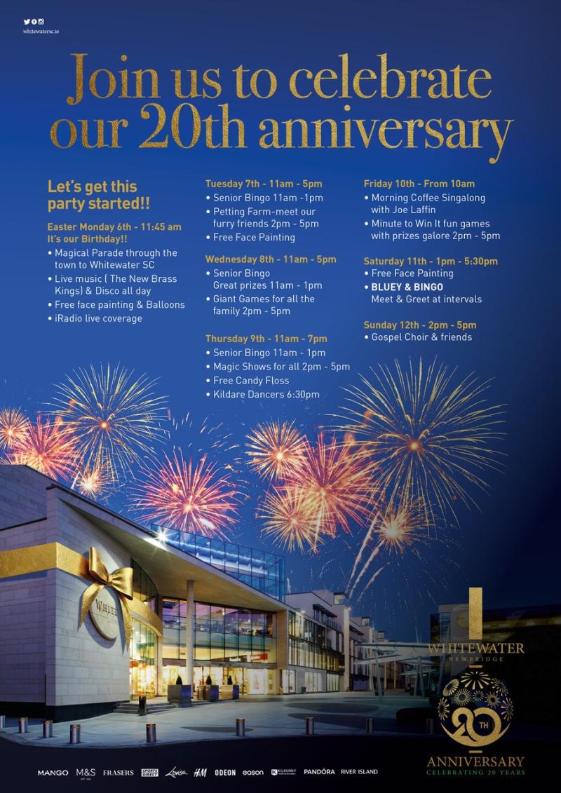 A magical milestone at Kildare's Whitewater Shopping Centre: Join Us for a Week-Long 20th Birthday Celebration!