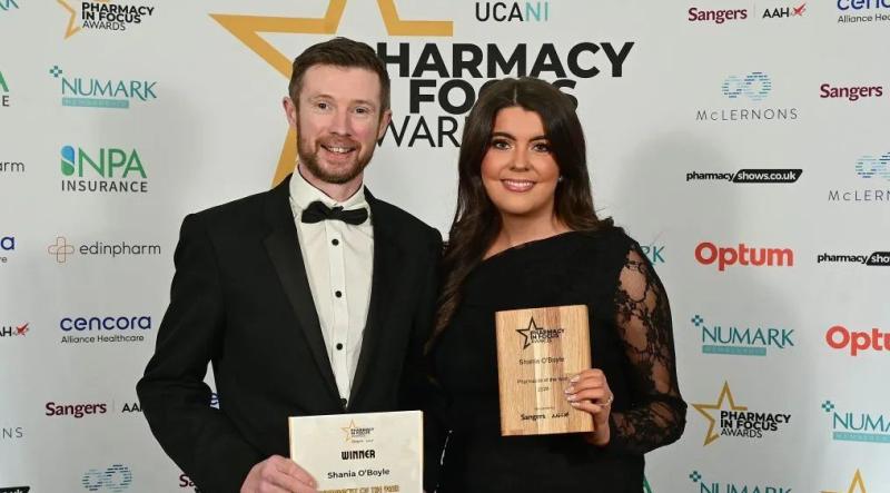 Shania O'Boyle with Stephen Craig from AAH Pharmaceuticals who presented her with her award.
