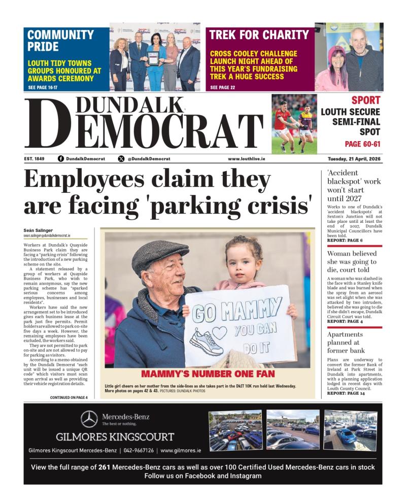 This week's Dundalk Democrat front page: Employees claim they are facing 'parking crisis'