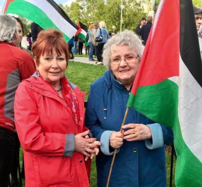 'Many of us have personal experience of her courage, intelligence and determination to bring about change' - Mary Nelis  - Roisin (on left) and Mary supporting Palestine. (Courtesy of Daisy Mules).