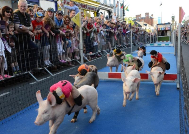 On the trot - huge crowds gathered on Main Street, Carrick to watch the Pig Racing as part of Carrick Carnival on June 5th.Photo by Ivan Keaney.