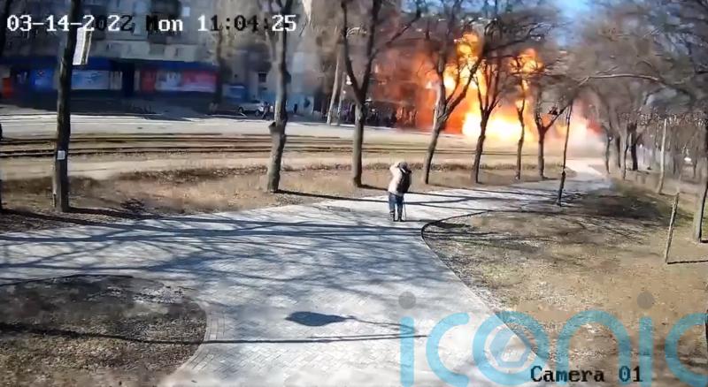 CCTV footage catches moment of Russian projectile’s impact on Kyiv street