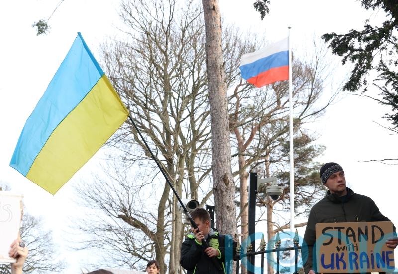 Crowds protest outside Russian Embassy to mark one month since Ukraine invasion