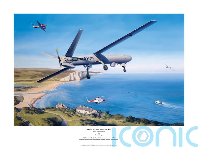 Army commissioned painting of drones monitoring migrant boats in English Channel