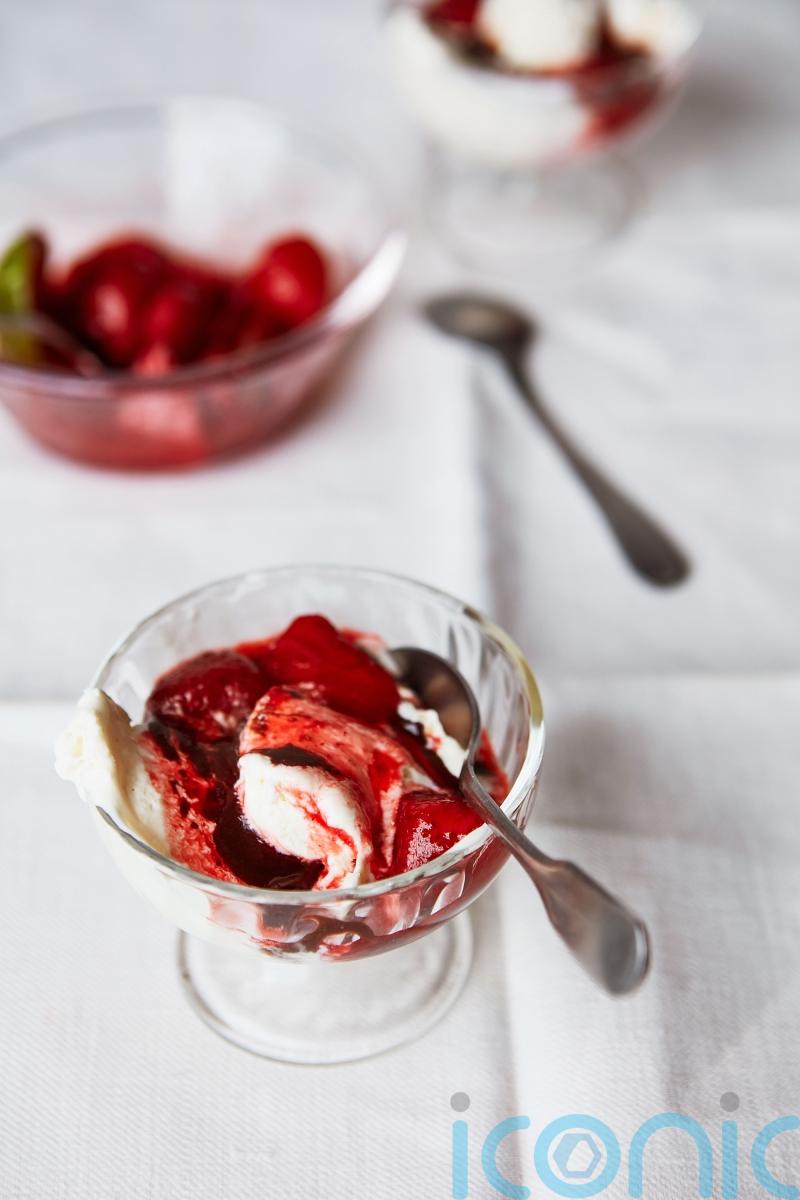 Ixta Belfrage’s whipped yoghurt with roasted strawberries and peanut fudge sauce recipe
