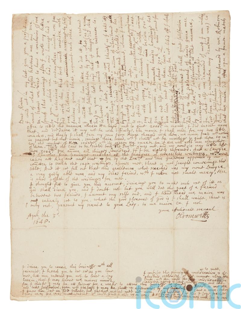 Rare letter written by Oliver Cromwell to be auctioned in Edinburgh
