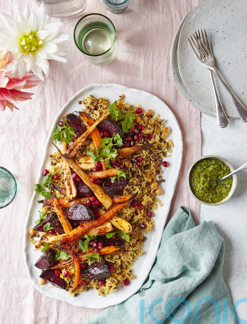 Annie Rigg’s rice and lentils with tahini roasted root veg