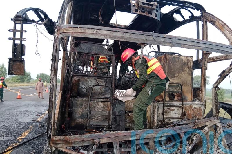 20 killed as bus engulfed in flames after hitting van in Pakistan