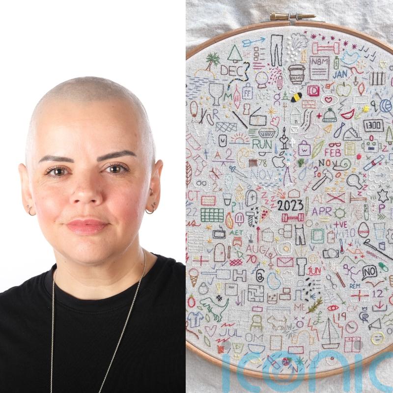 Writer completes embroidery journal documenting 2023 with stitched icons