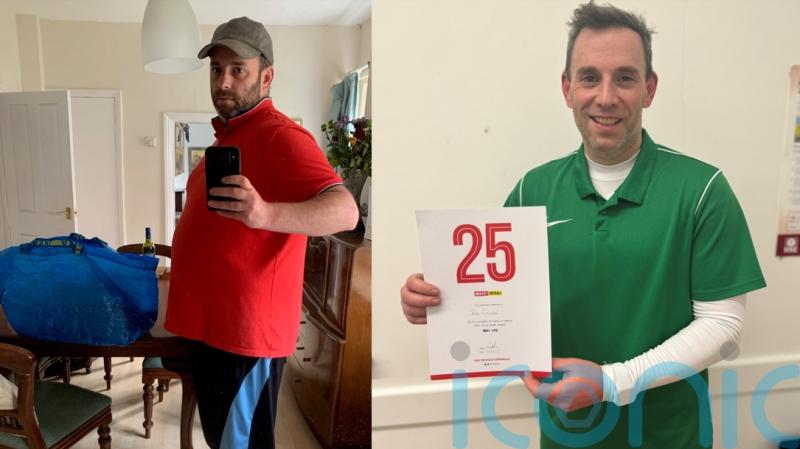 Dad pestered to play football with his son loses five stone in less than a year and now coaches his son’s football team