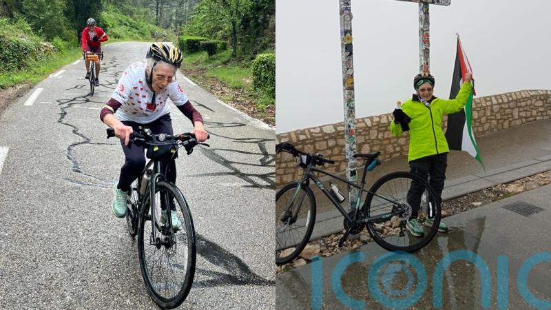British octogenarian completes age-defying 20km cycle up French mountain to raise nearly &pound;13,000 for aid in Gaza