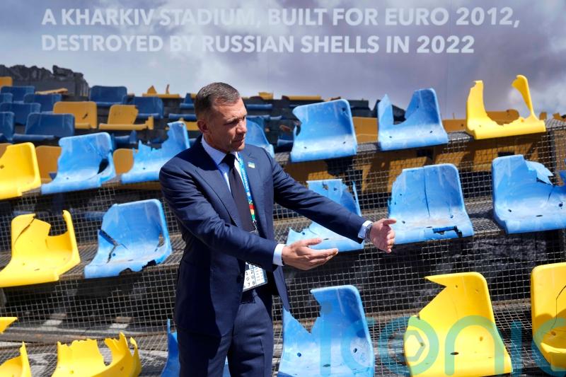 Ukraine displays destroyed stadium stand in reminder of war ahead of Euros game