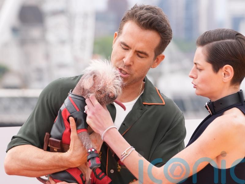 Ryan Reynolds pictured holding Dogpool at Deadpool and Wolverine photo call