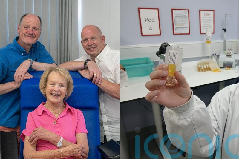 Grandmother meets two male donors whose blood saved her sight after lifetime of pain and discomfort with severe dry eye