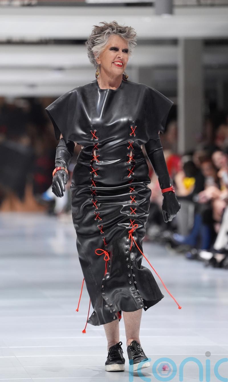 Dame Prue Leith stuns in skintight black latex on London Fashion Week catwalk