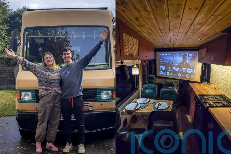 Couple spend £15K converting school bus into plush camper with air-con and seven-foot voice controlled projector screen