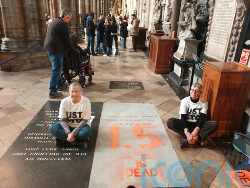 Just Stop Oil supporters spray-paint ‘1.5 is dead’ on Charles Darwin’s grave