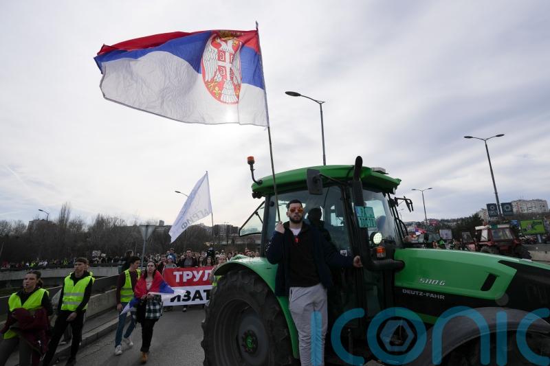 Serbian farmers join striking university students’ traffic blockade in Belgrade