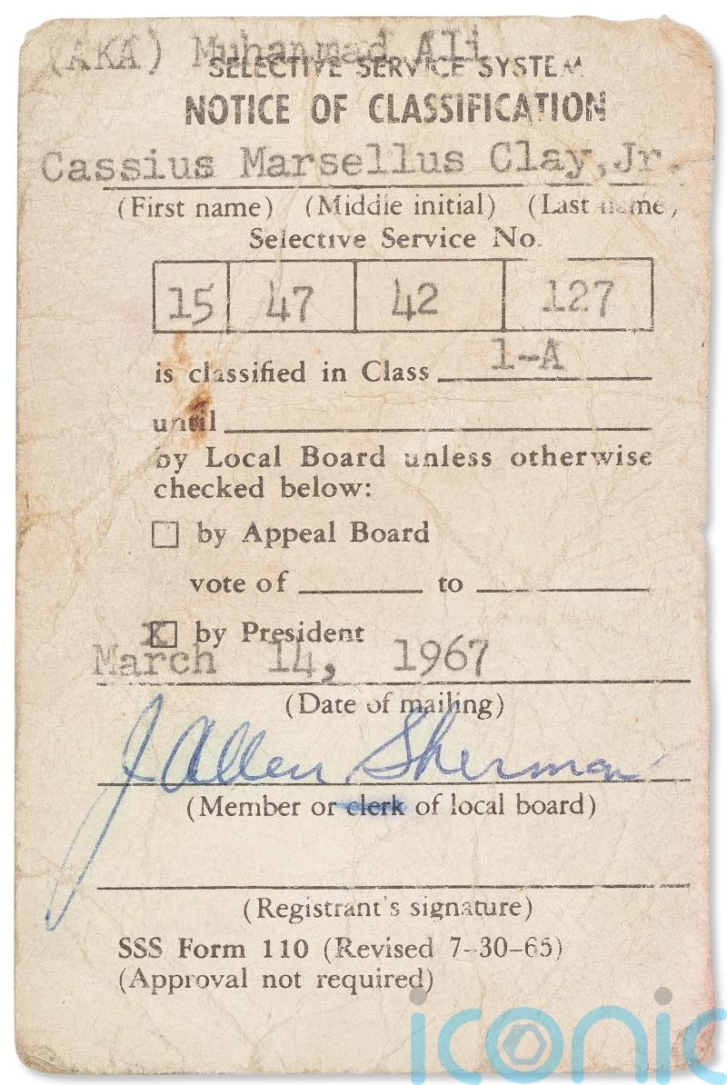 Muhammad Ali’s unsigned draft card to be auctioned