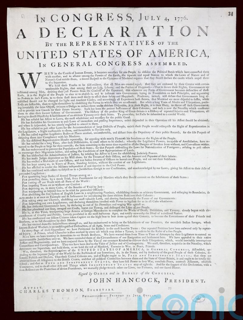 Rare copy of the US Declaration of Independence to be displayed in London