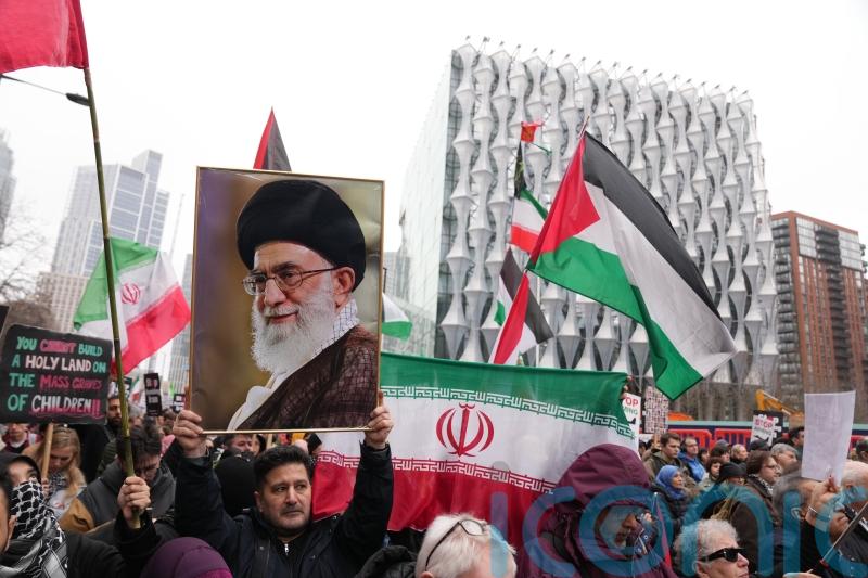Thousands protest at US embassy in London calling for end to strikes on Iran