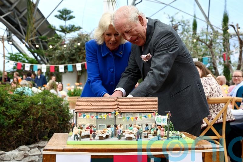 King and Queen share a giggle as they struggle to cut cake with sword