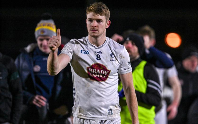 Kildare captain Kevin Feely reacts to getting promoted after Antrim win